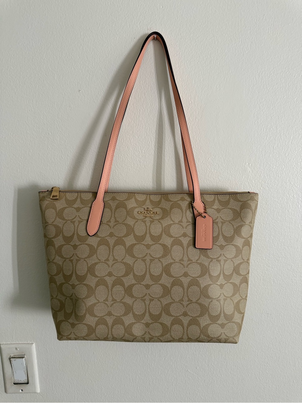 Coach Signature Canvas Zip Top Tote with Salmon Trim